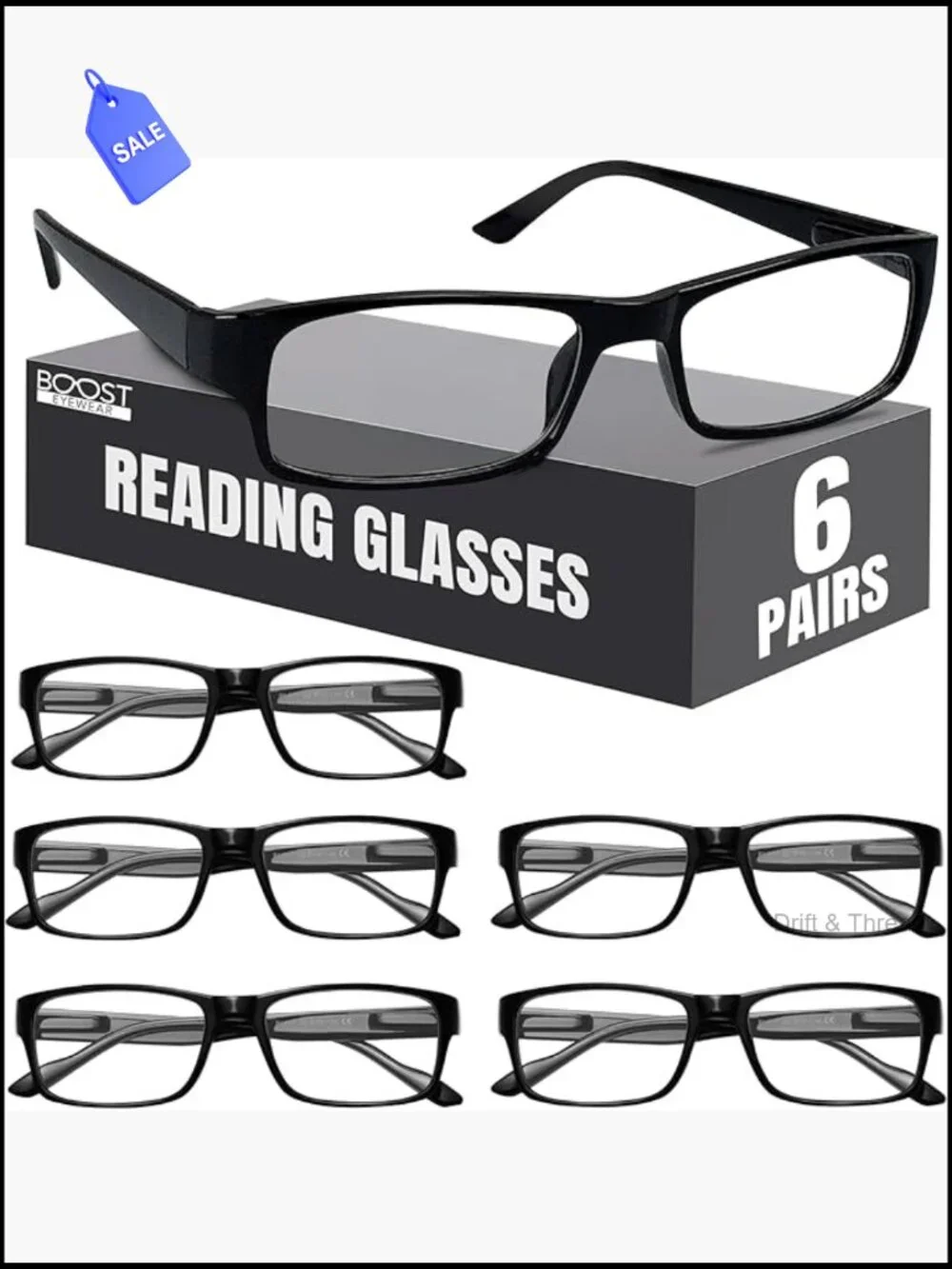 6 Pairs Black Reading Glasses with Spring Hinges